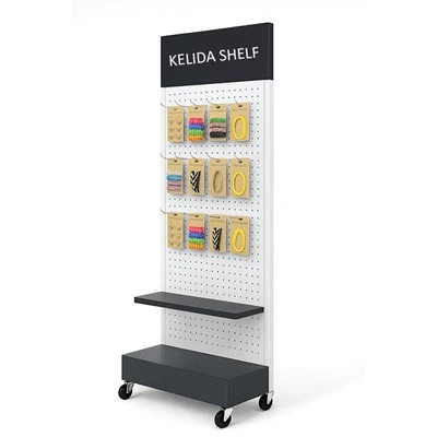 Pegboard padlókijelző állvány kampókkal és kerekekkel